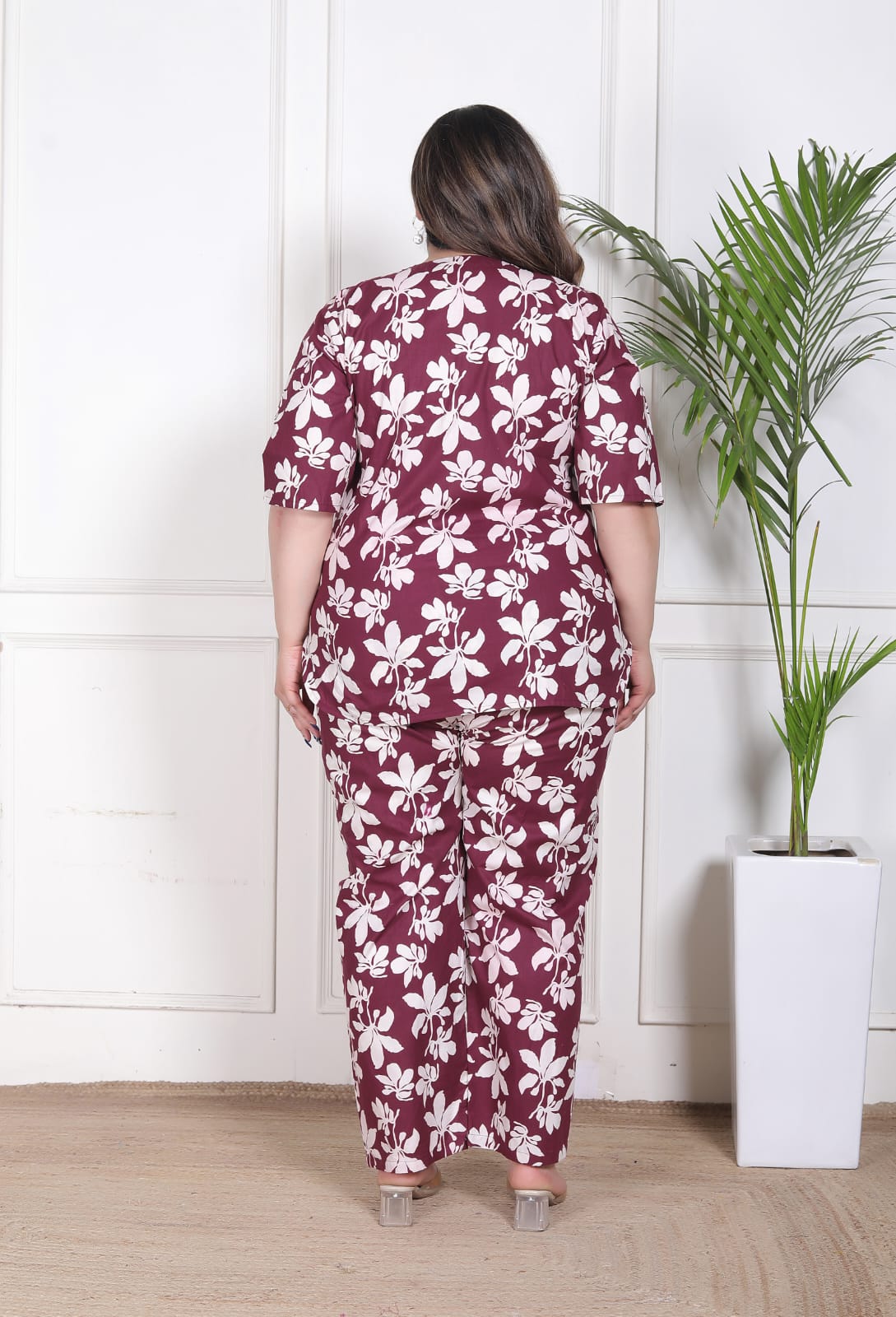 Wine Plus Size Floral Printed Co-Ord Set