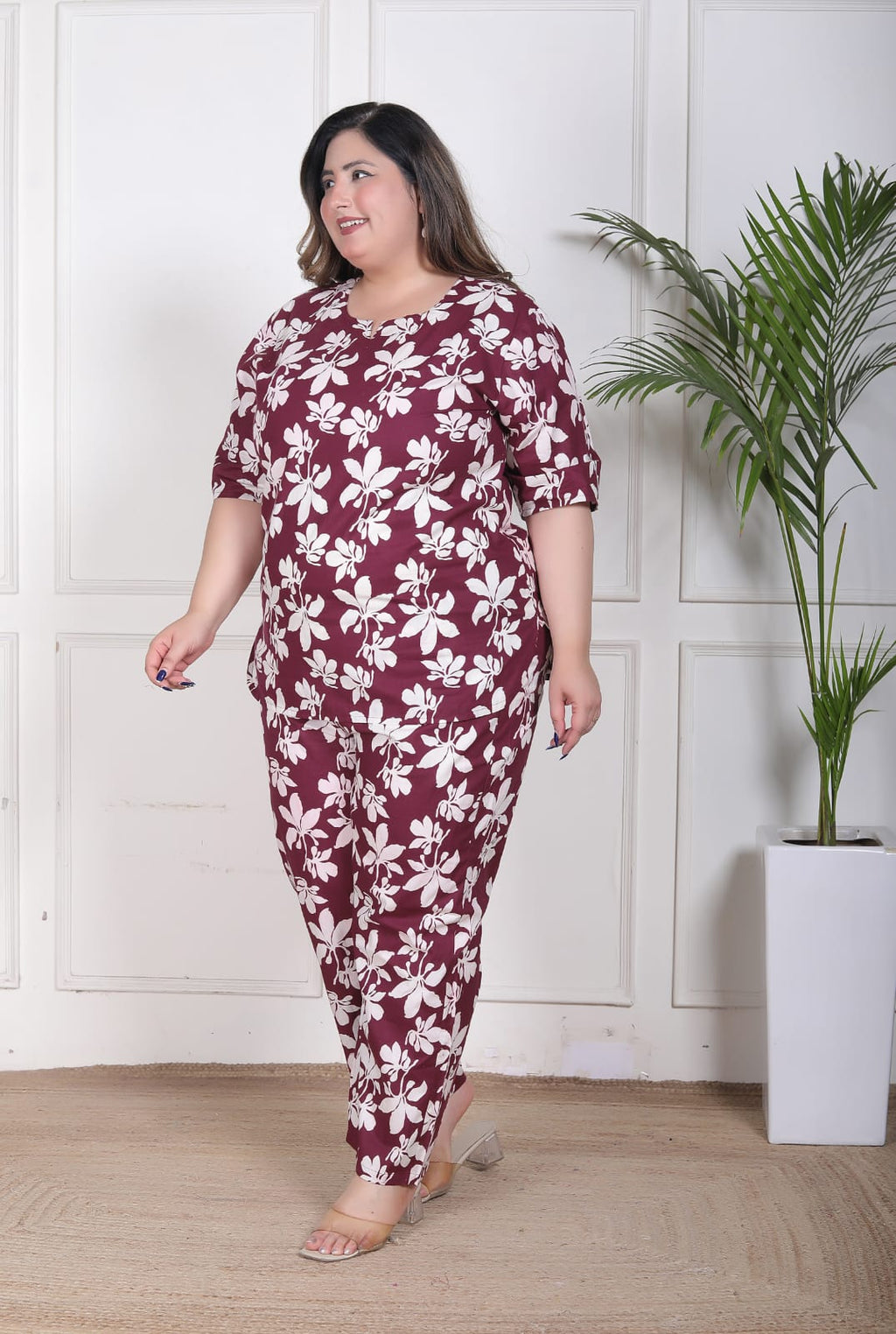Wine Plus Size Floral Printed Co-Ord Set