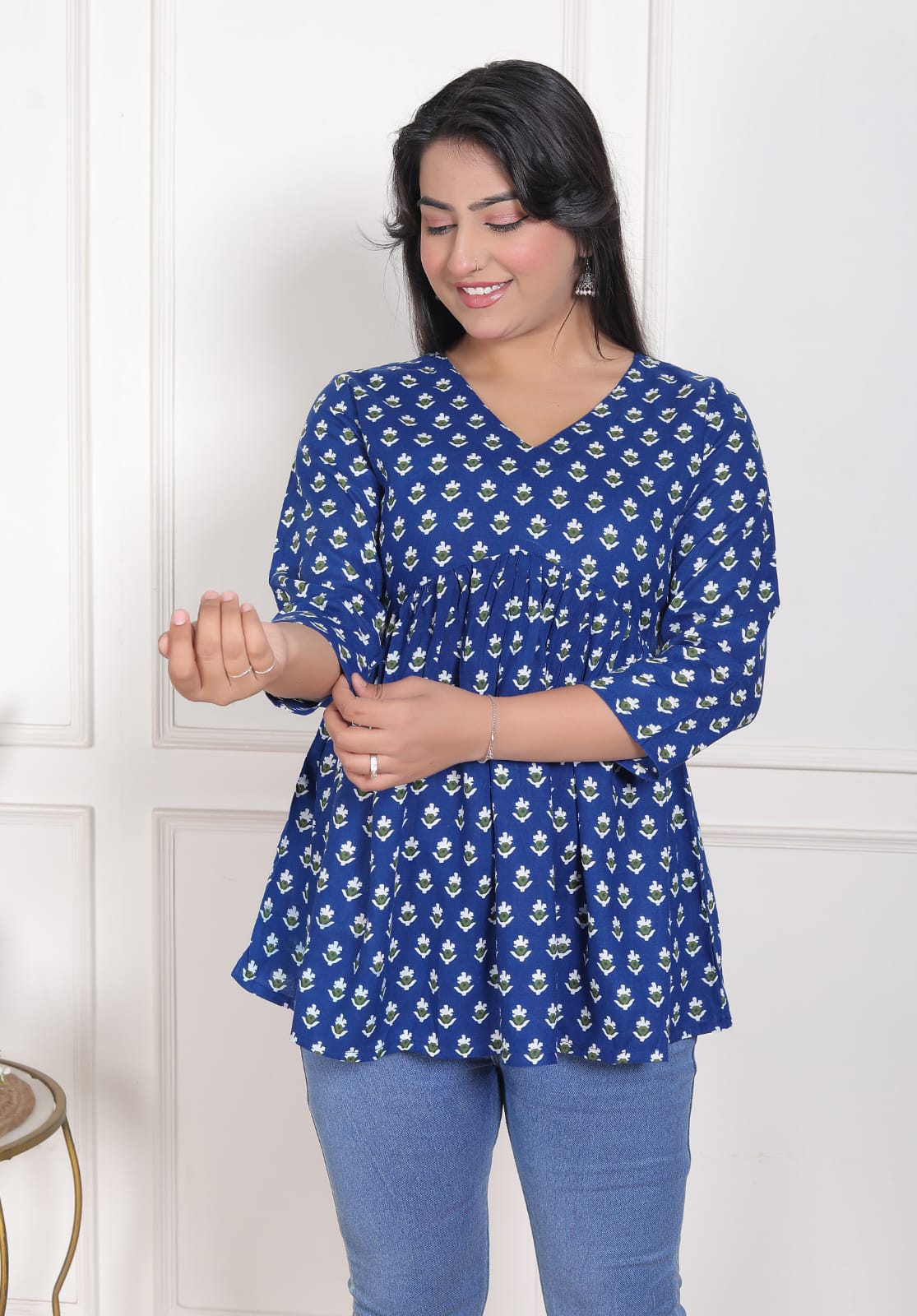 Blue Printed Flared Alia Cut Top
