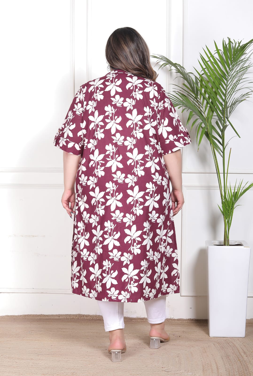 Wine Plus Size Floral Printed A-Line Kurti
