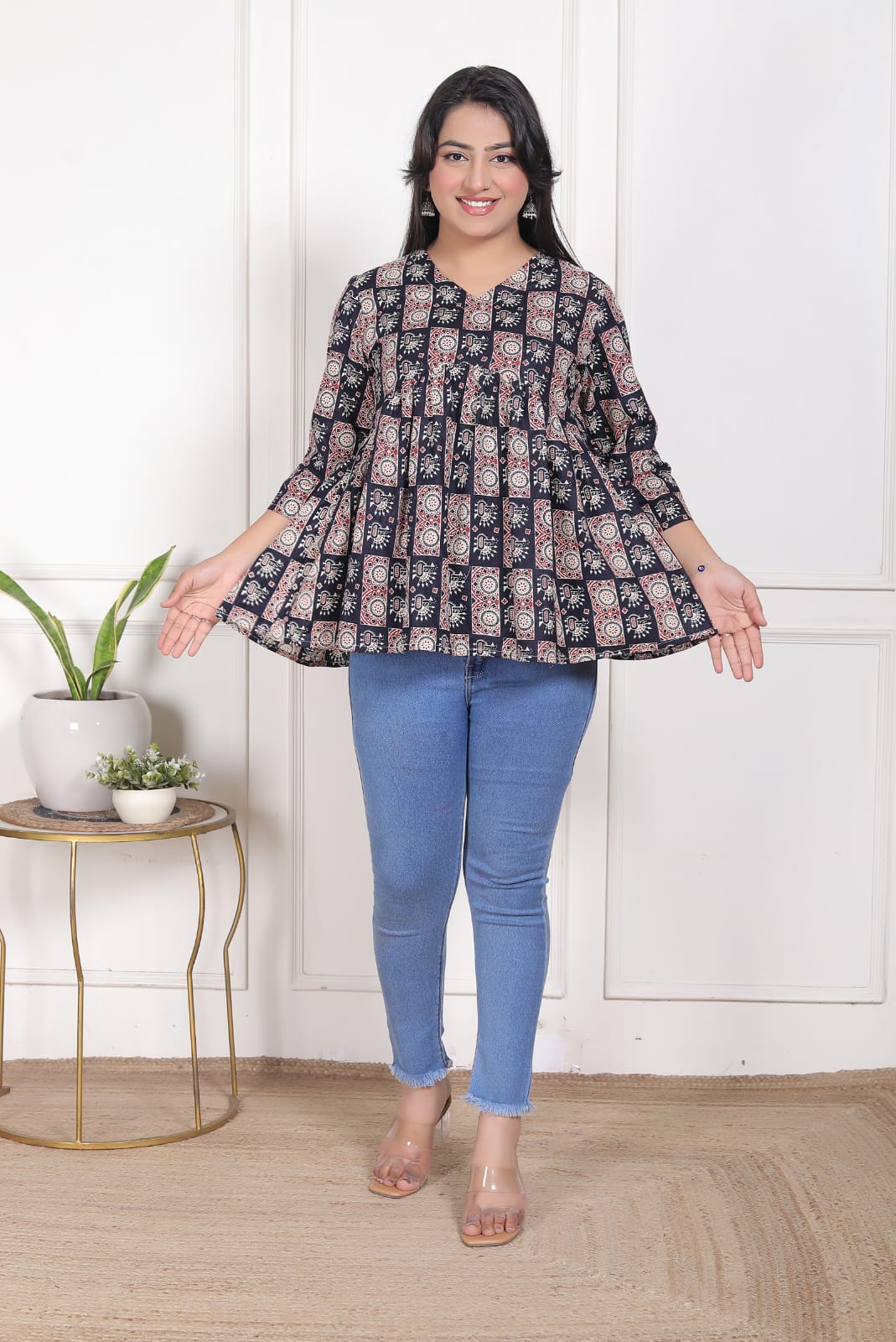 Black Printed Flared Alia Cut Top