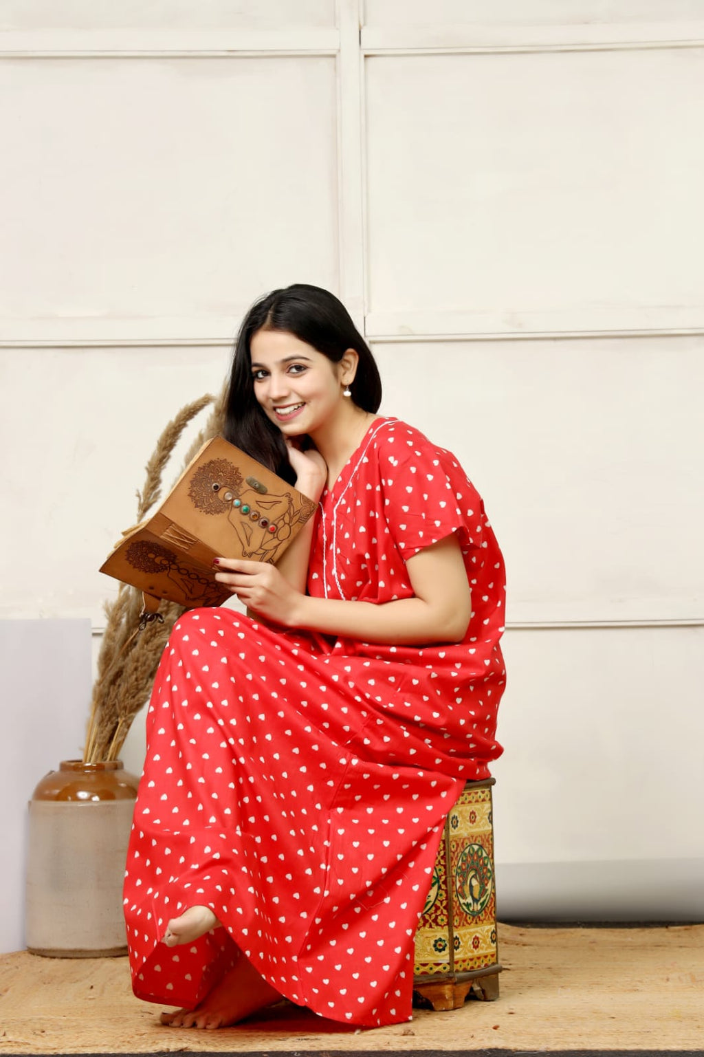 Red Cotton Printed Full Length Night Gown
