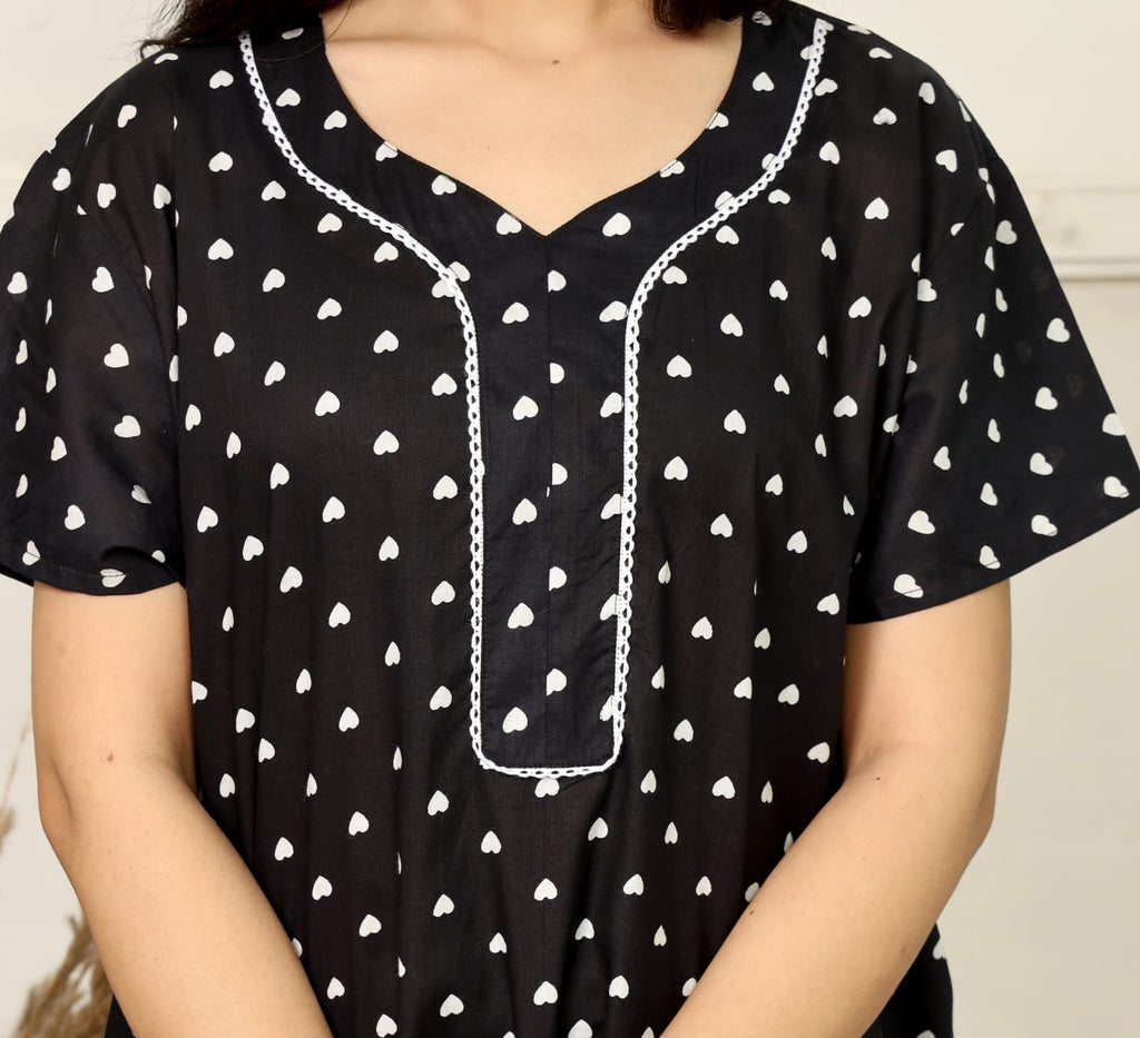 Black Cotton Printed Full Length Night Gown
