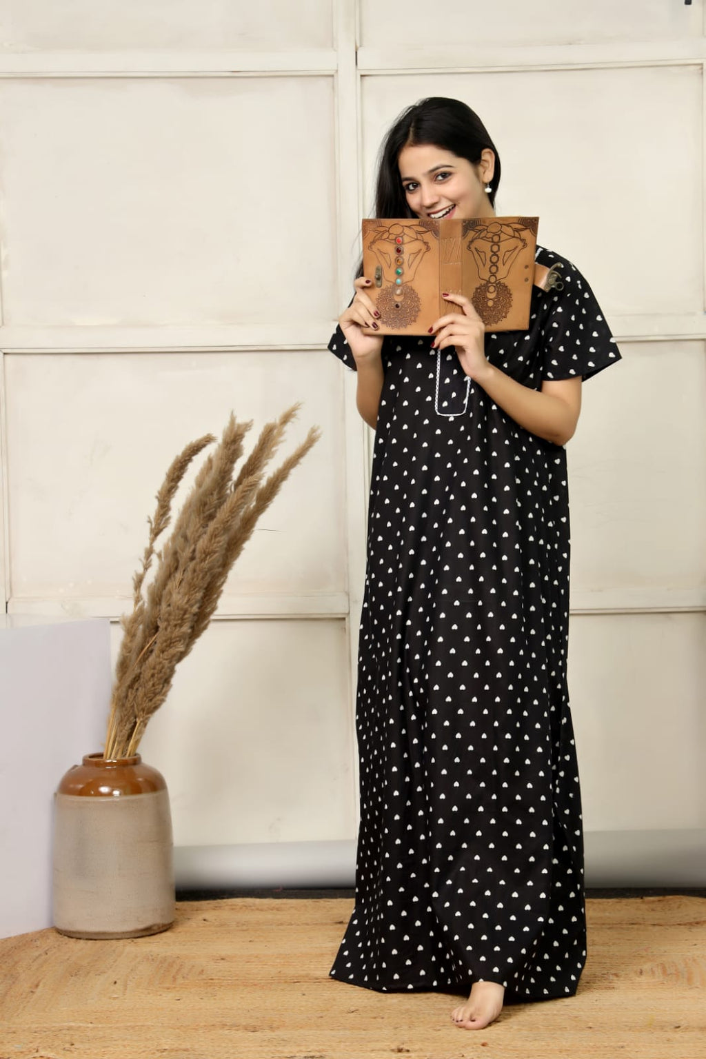 Black Cotton Printed Full Length Night Gown