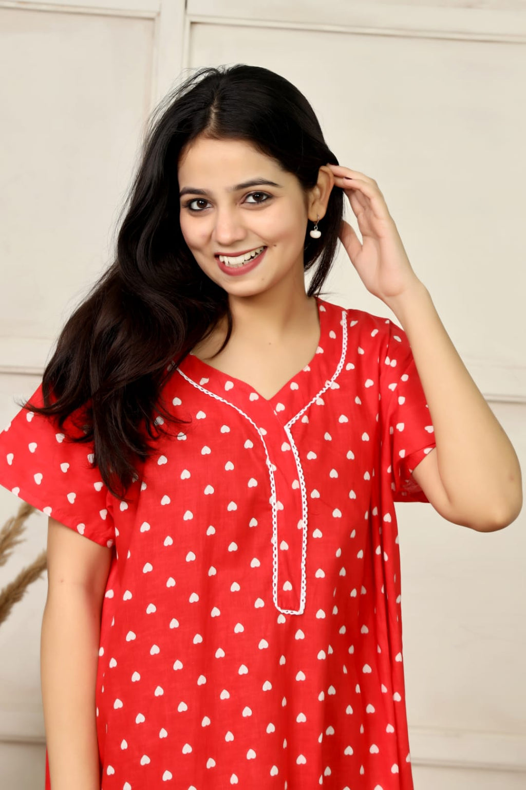 Red Cotton Printed Full Length Night Gown