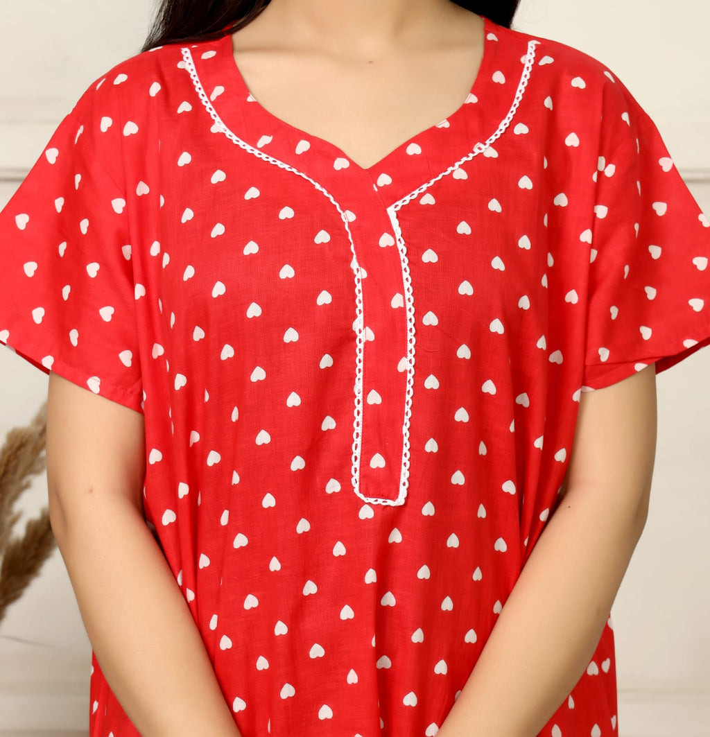 Red Cotton Printed Full Length Night Gown