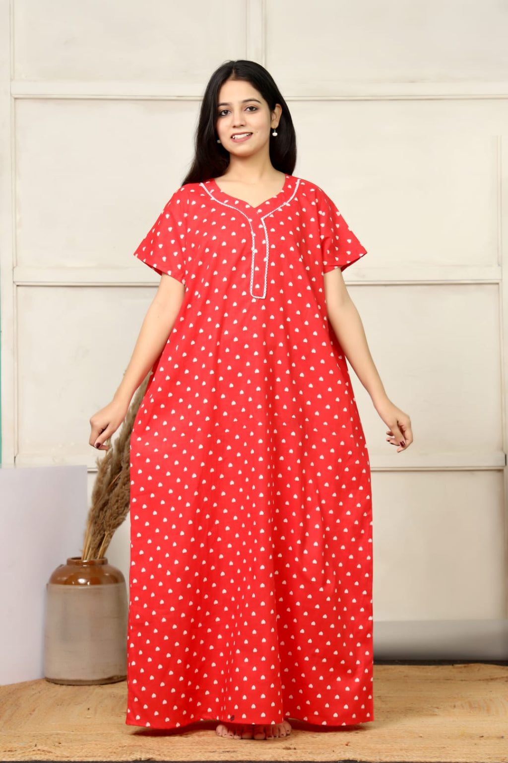 Red Cotton Printed Full Length Night Gown