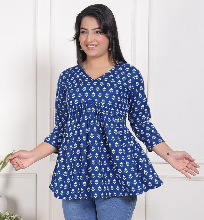Blue Printed Flared Alia Cut Top